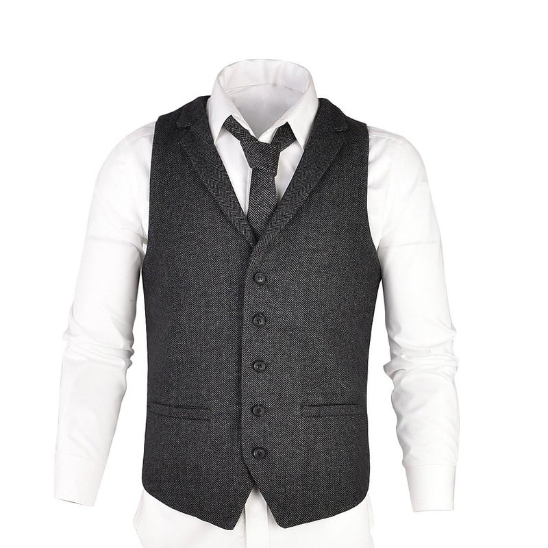VOBOOM Mens Herringbone Tailored Collar Waistcoat Fullback Wool Tweed Suit Vest (Dark Grey, 3X-Large) - Image 3